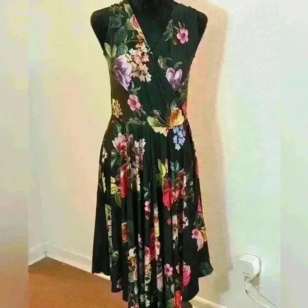 Marc Bouwer Unlimited Black & Floral Print Sleeveless Crossbody Midi Dress